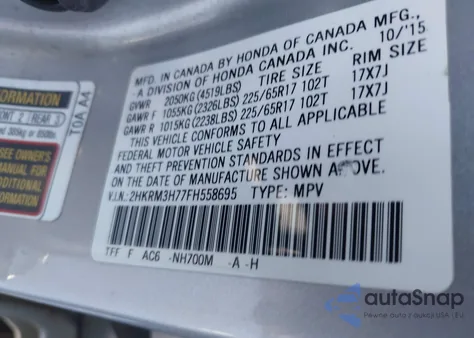 2015 Honda Cr-V Ex-L z USA, uszkodzony, nr VIN 2HKRM3H77FH558695